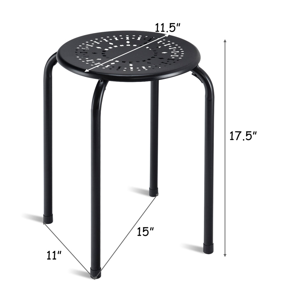 Black round metal stool with daisy pattern, 17.5" height, stackable design for indoor and outdoor use.