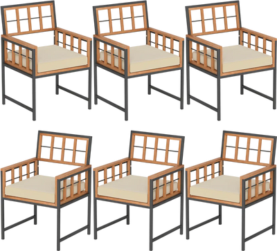Costway Set of 6 Patio Dining Chairs Acacia Wood Armchairs with Cushions 397684251 New