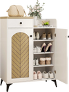 2-door shoe rack organizer in white with a drawer and 6 removable shelves, perfect for storing shoes and boots.