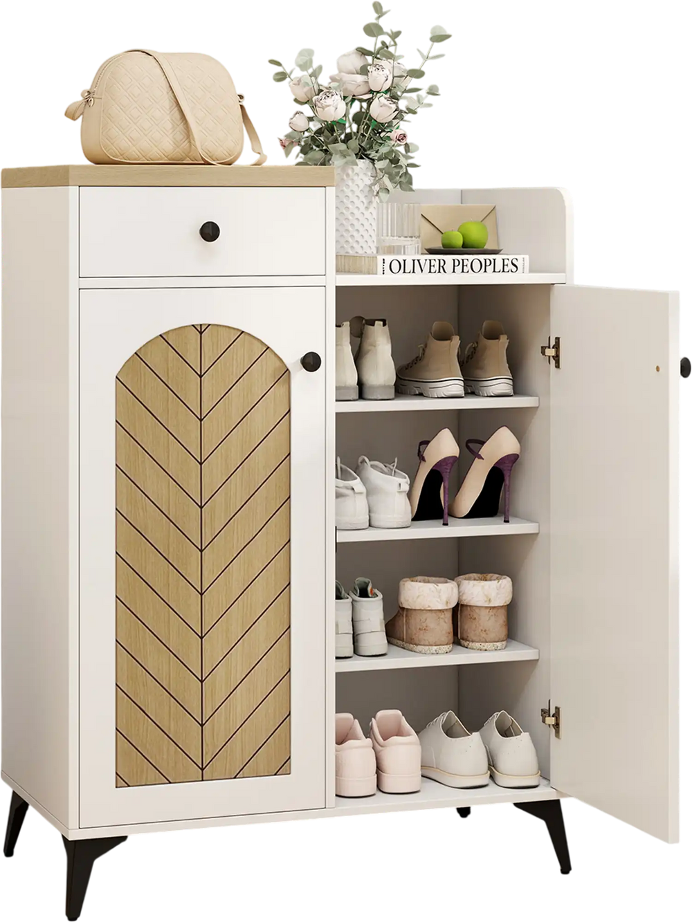 2-door shoe rack organizer in white with a drawer and 6 removable shelves, perfect for storing shoes and boots.