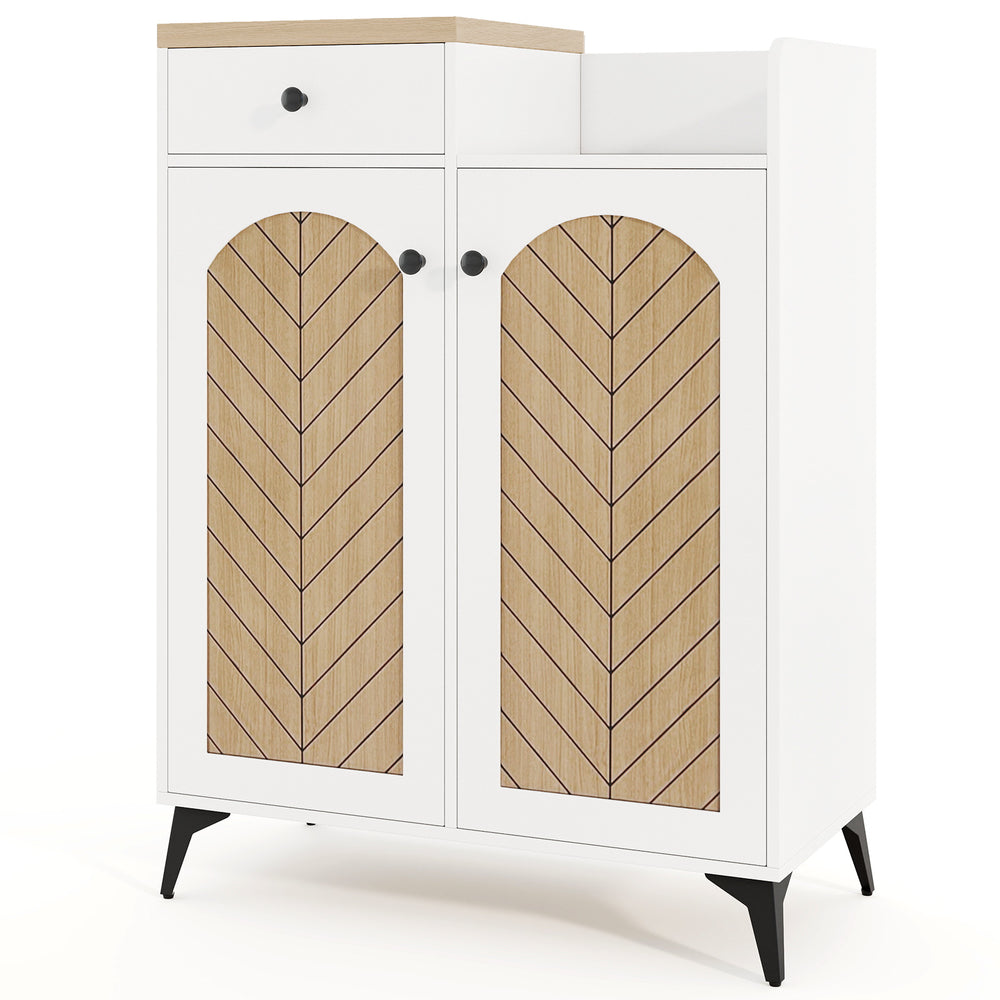 2-door shoe rack organizer in white with herringbone pattern, featuring a drawer and 6 removable shelves for versatile.