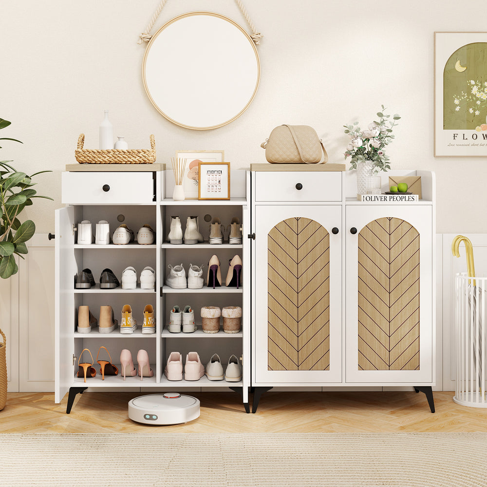 2-door shoe rack organizer in white with a drawer and 6 removable shelves, designed for stylish shoe storage.