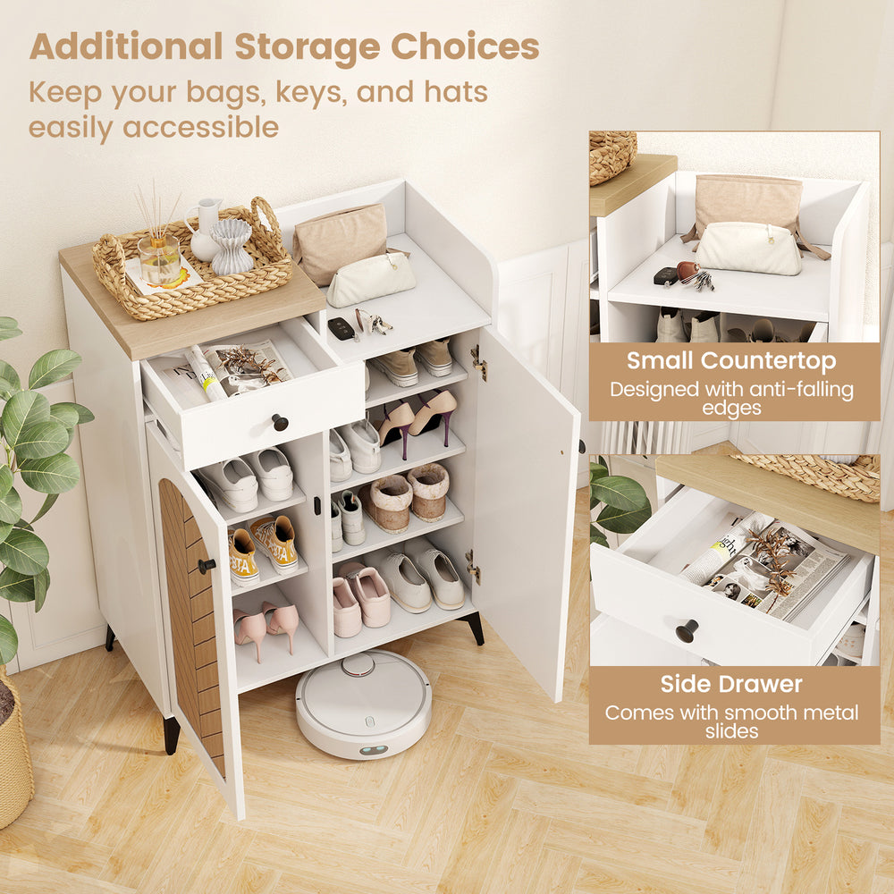 2-door white shoe rack organizer with side drawer, 6 removable shelves, and small countertop for easy access and.