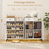 2-door white shoe rack organizer with 6 removable shelves and drawer, featuring 5" bottom clearance for easy cleaning.