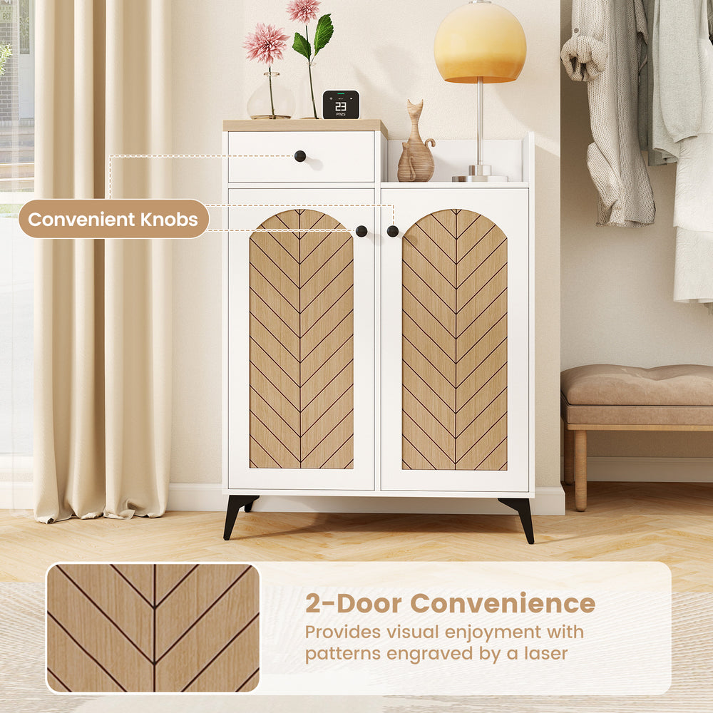 2-Door shoe rack organizer in white with laser-engraved patterns, featuring a drawer and 6 removable shelves for.