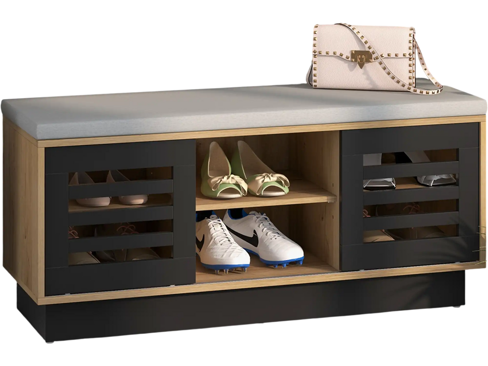 Shoe bench with 6 storage compartments, 3 adjustable shelves, and a cushioned seat for versatile shoe organization.