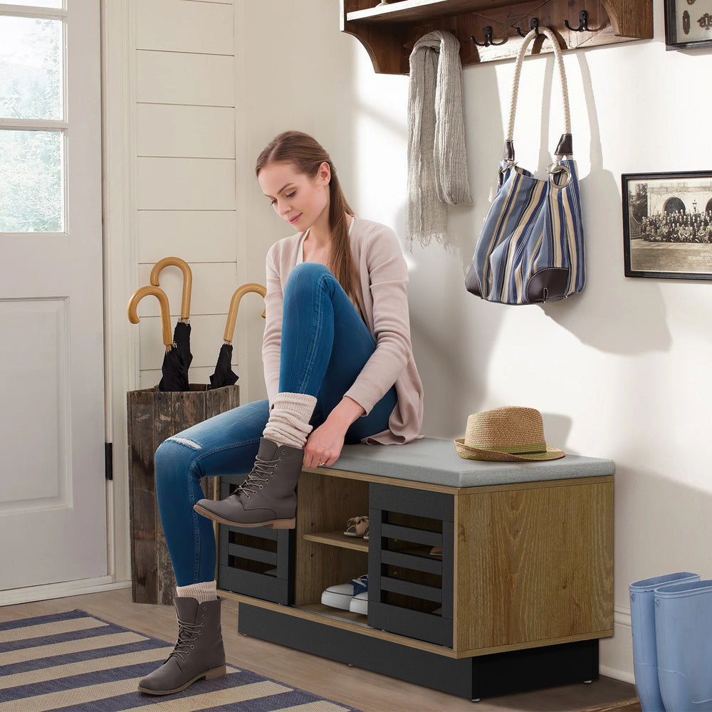 Shoe bench with 6 storage compartments and 3 adjustable shelves, featuring a durable design and comfortable cushion for.