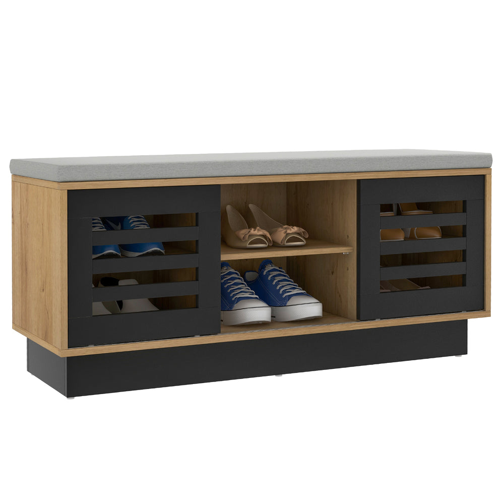 Shoe bench with 6 storage compartments, adjustable shelves, and a comfortable cushion for versatile shoe organization.