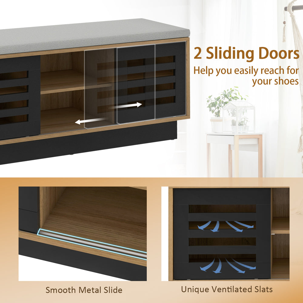 Shoe bench with 2 sliding doors and 3 adjustable shelves, featuring unique ventilated slats for easy shoe storage.