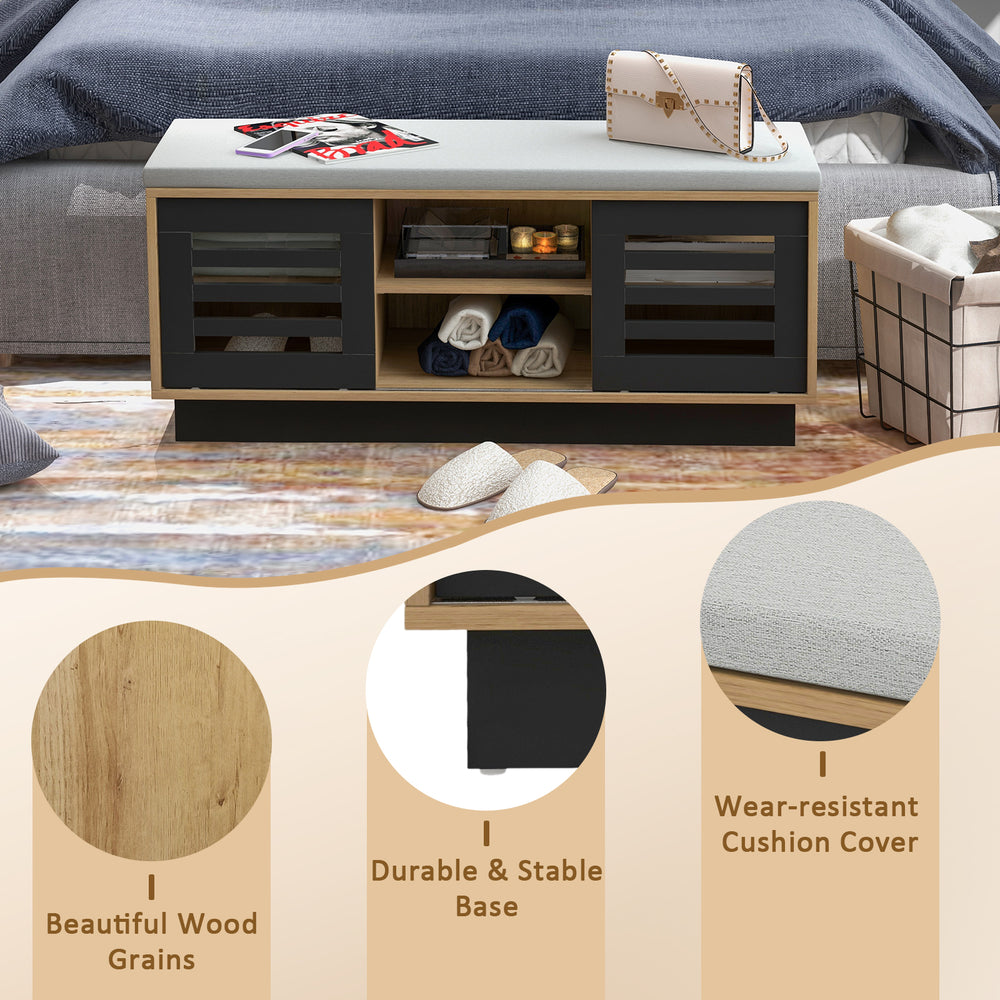 Shoe bench with 6 storage compartments, adjustable shelves, and beautiful wood grains for versatile shoe organization.