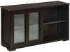 Brown sideboard buffet cupboard with sliding tempered glass doors and two shelves, perfect for kitchen or dining room.