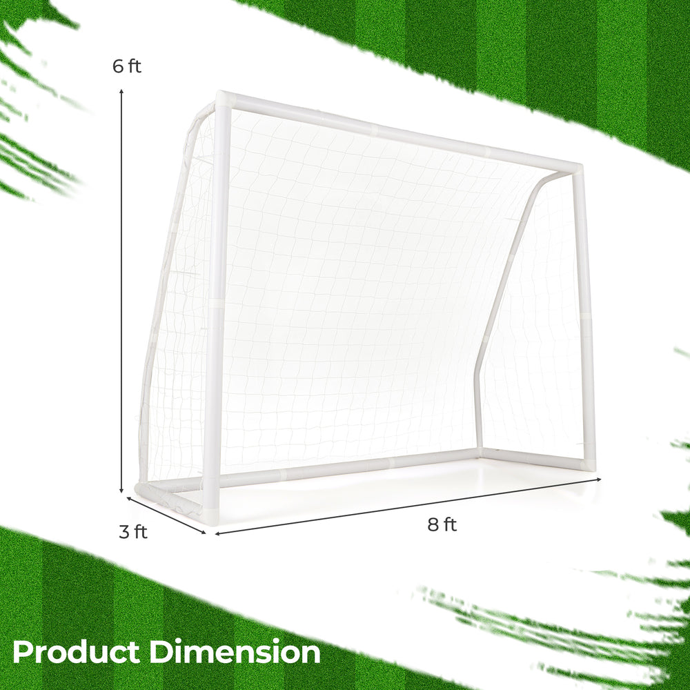 8' x 6' soccer goal with weather-resistant UPVC pipes and ground stakes, ideal for backyard play and training.