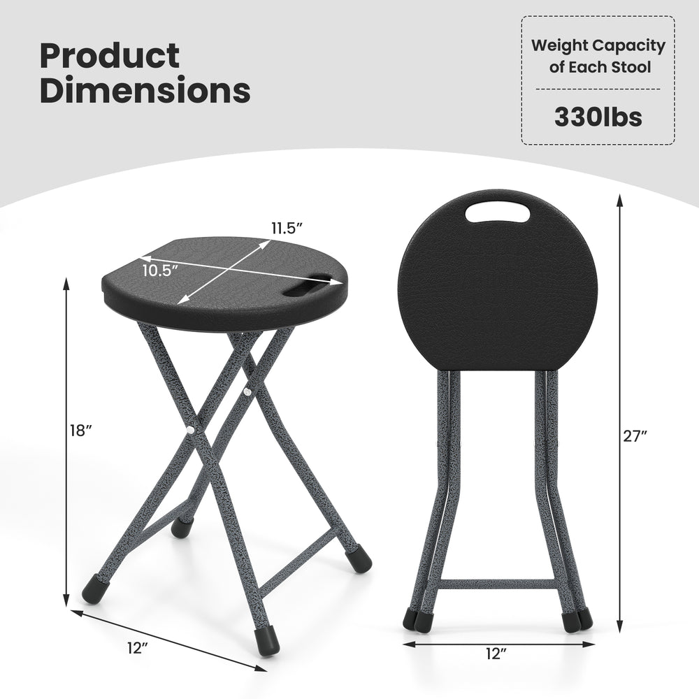 Folding stool dimensions with built-in handle, made of HDPE and powder-coated metal, supports up to 330lbs for.
