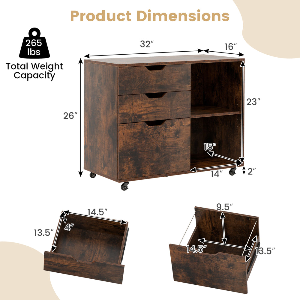 3-drawer file cabinet in rustic brown with adjustable shelf and wheels, designed for flexible home office storage.