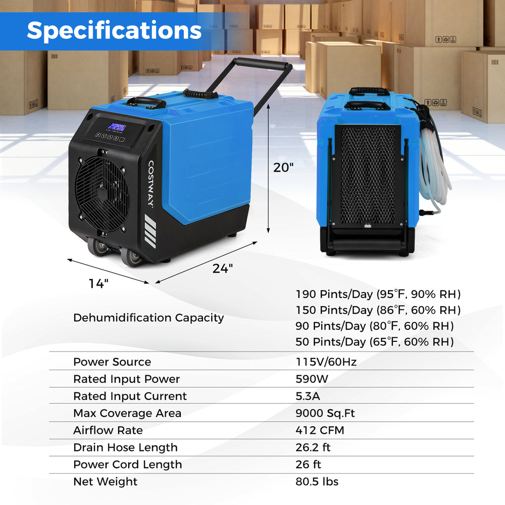 Commercial 190 PPD dehumidifier with pump, 2 wheels, and LED display, ideal for large areas up to 9,000 sq. ft.