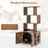 Dimensions of the 56-inch tall rustic brown cat litter box enclosure with storage, featuring geometric shelves and side.