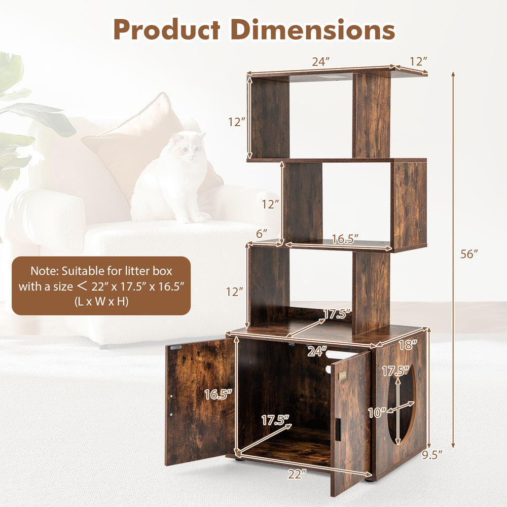 Dimensions of the 56-inch tall rustic brown cat litter box enclosure with storage, featuring geometric shelves and side.