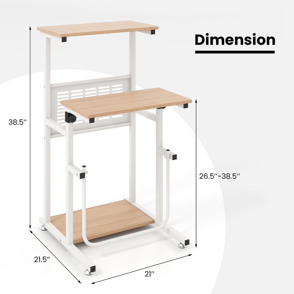 Height adjustable standing desk with compact design, ideal for small spaces, featuring a bottom storage shelf and.