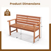 Patio solid wood bench dimensions showing 2-seat design with slatted seat and inclined backrest for outdoor comfort.