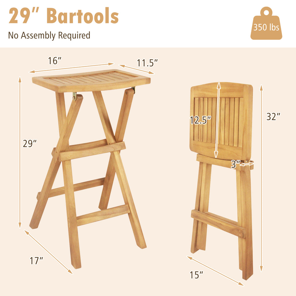 Set of 2 folding outdoor bar stools made from teak wood with ergonomic saddle seat and x-shaped frame for stability.