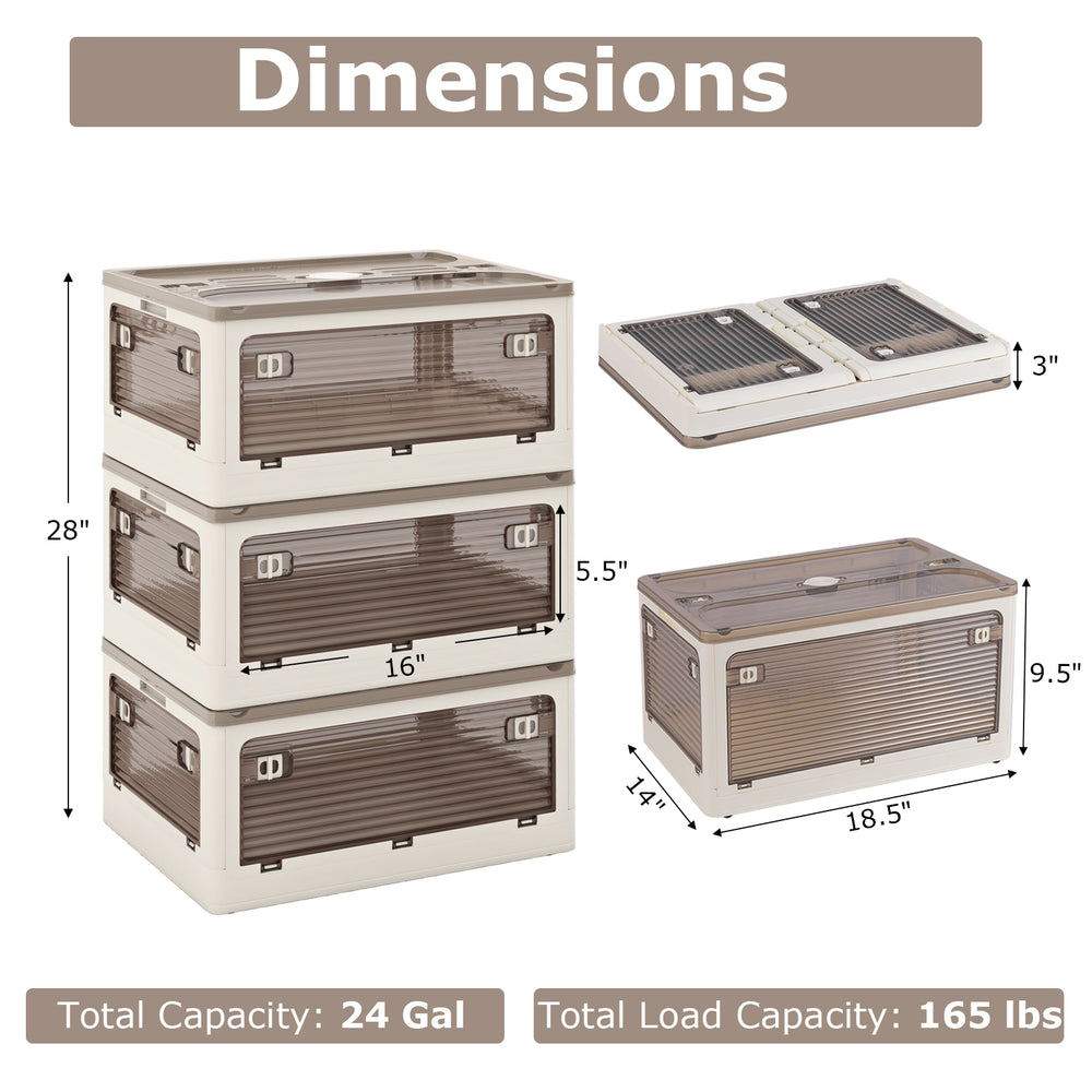 Side view of stackable storage bins with lids, showing dimensions of 28" height and 24-gal capacity for versatile.