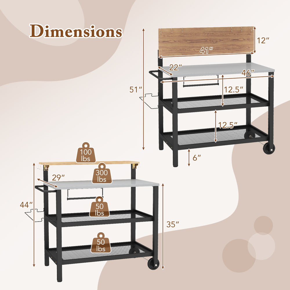 Rolling bar cart dimensions with a flip-up table, hooks, and 3-tier storage for versatile kitchen and patio use.