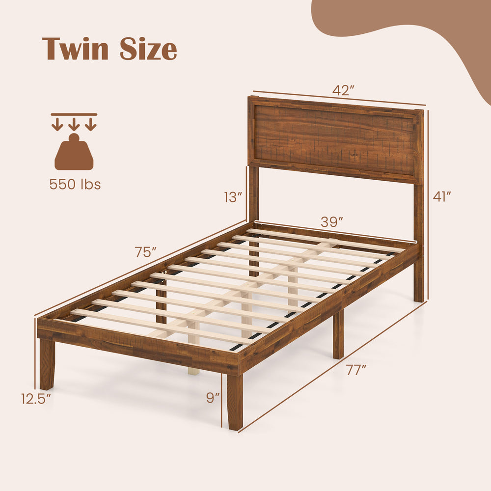 Twin size bed frame with headboard, wooden slats, and rustic wood grain accents for stable mattress support.