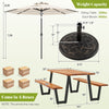 Outdoor dining table set for 6 with 10ft adjustable umbrella and sturdy base, made of acacia wood and metal.
