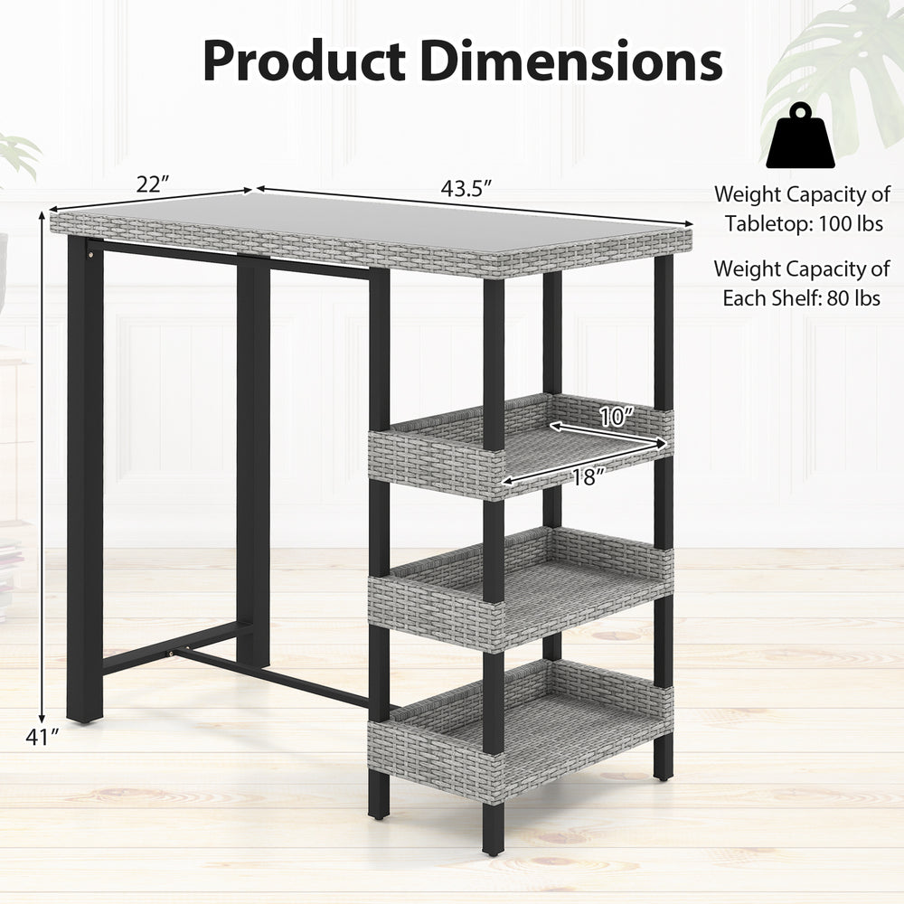 43.5-inch outdoor bar table with tempered glass top, featuring 3 rattan storage shelves for backyard or poolside use.