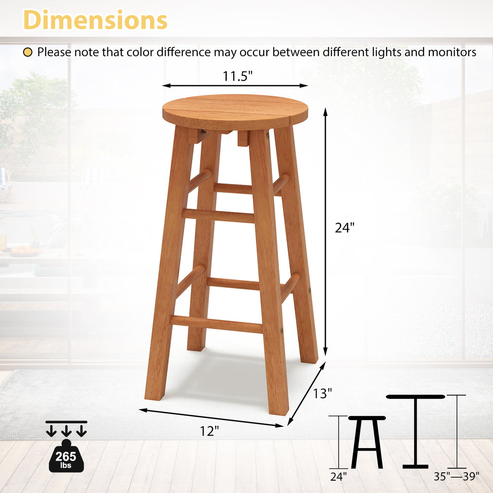 24-inch outdoor wood bar stool with round seat and footrest, natural wood finish, perfect for patio or garden use.