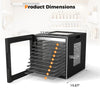 Product dimensions of the 10 stainless steel trays dryer, featuring a 4-sided visual design and digital LED display.