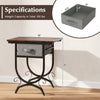 Side table with a fabric drawer and carved metal frame, featuring a rustic wood grain top for living room use.