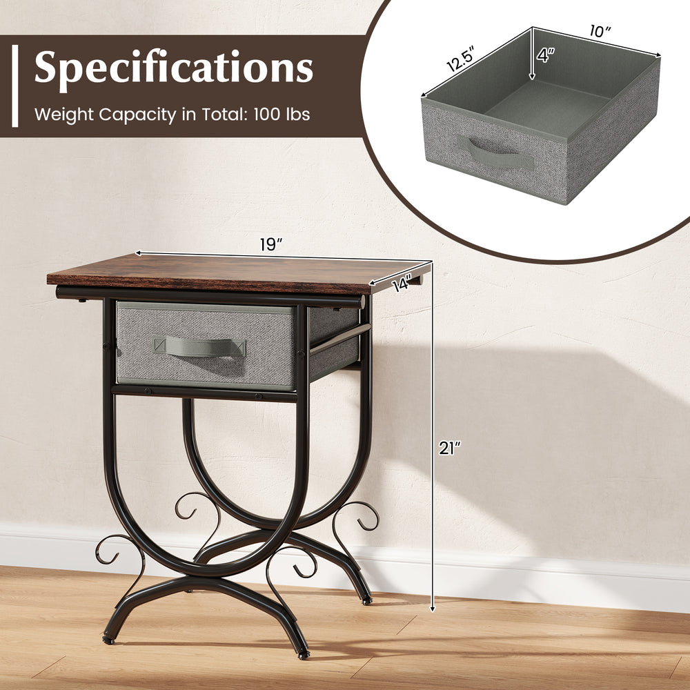 Side table with a fabric drawer and carved metal frame, featuring a rustic wood grain top for living room use.