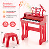Red 37-key kids piano with microphone, detachable music stand, and sturdy stool for safe and fun music play.