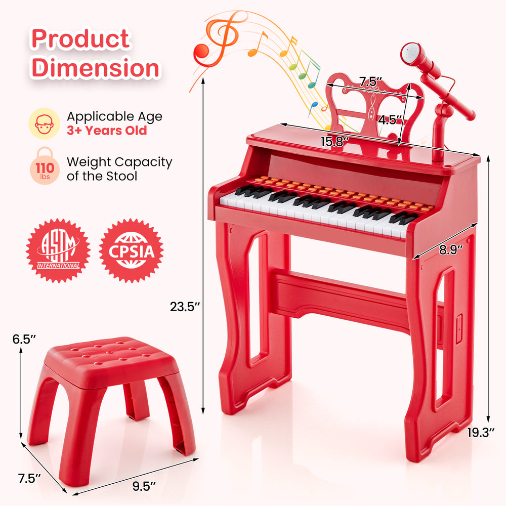 Red 37-key kids piano with microphone, detachable music stand, and sturdy stool for safe and fun music play.