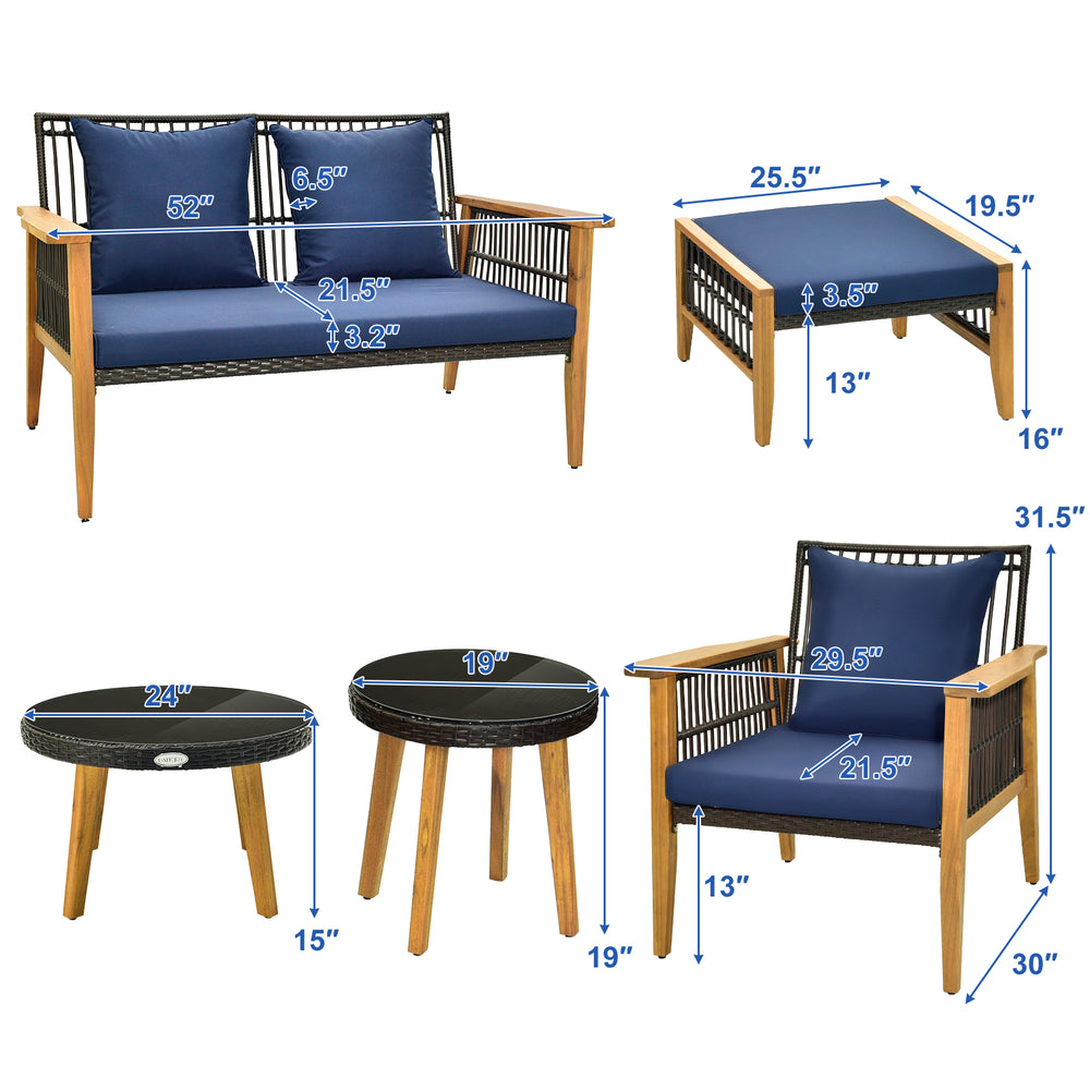 Single navy cushion on an acacia wood frame armchair, designed for ergonomic comfort in outdoor settings.