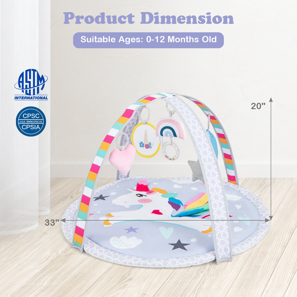Baby play gym mat with colorful unicorn design, featuring 5 detachable toys for infants aged 0-12 months.