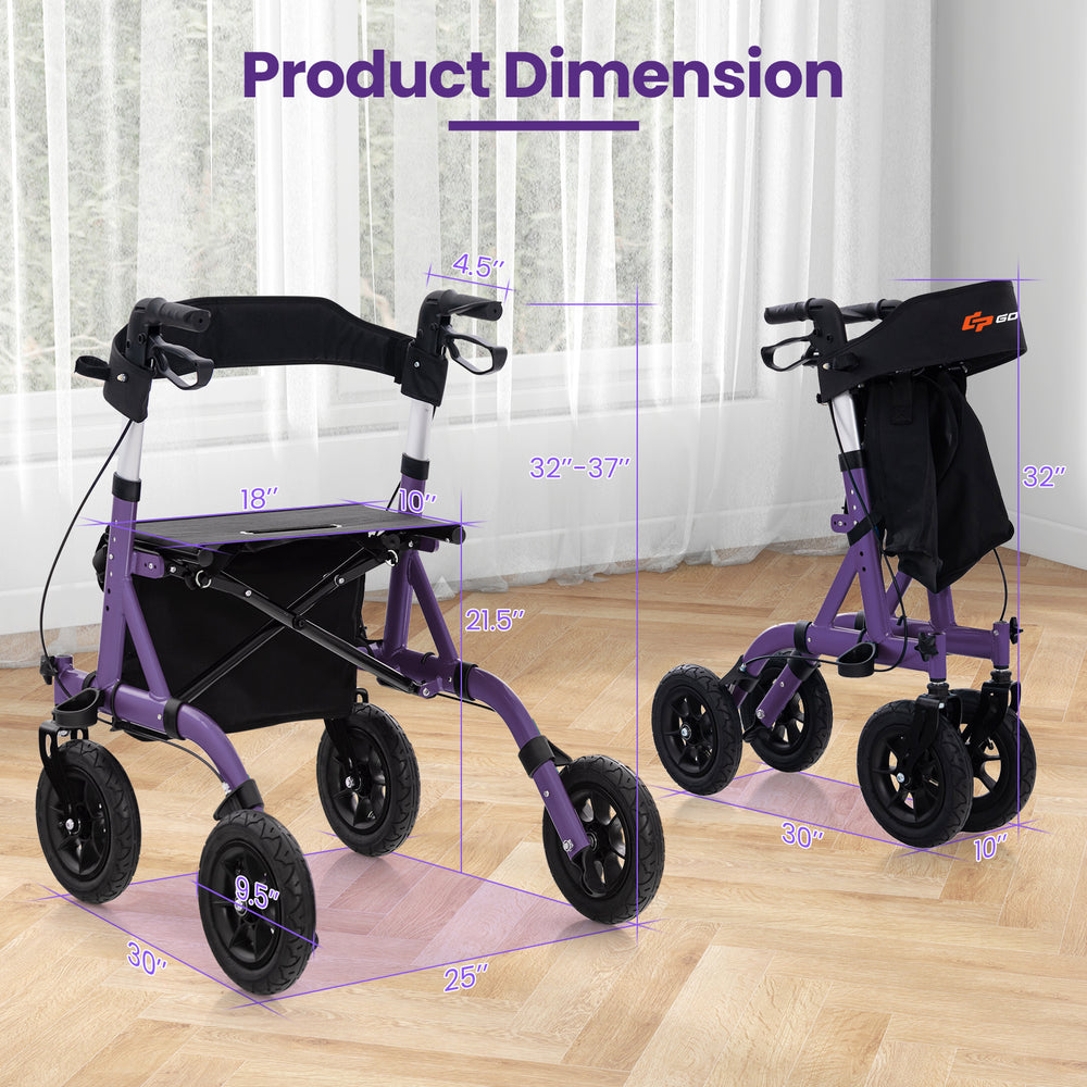 Height adjustable purple rollator walker with seat, featuring all-terrain wheels and foldable design for seniors.