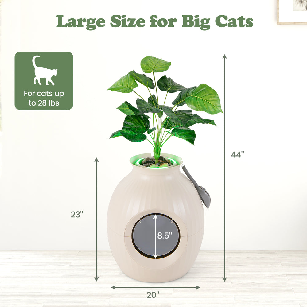 Large beige Smart Plant Cat Litter Box with electronic odor removal, designed for cats up to 28 lbs, featuring a.