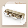 Specifications of the oak TV stand featuring 5 drawers and 3 open shelves, designed for TVs up to 65 inches.