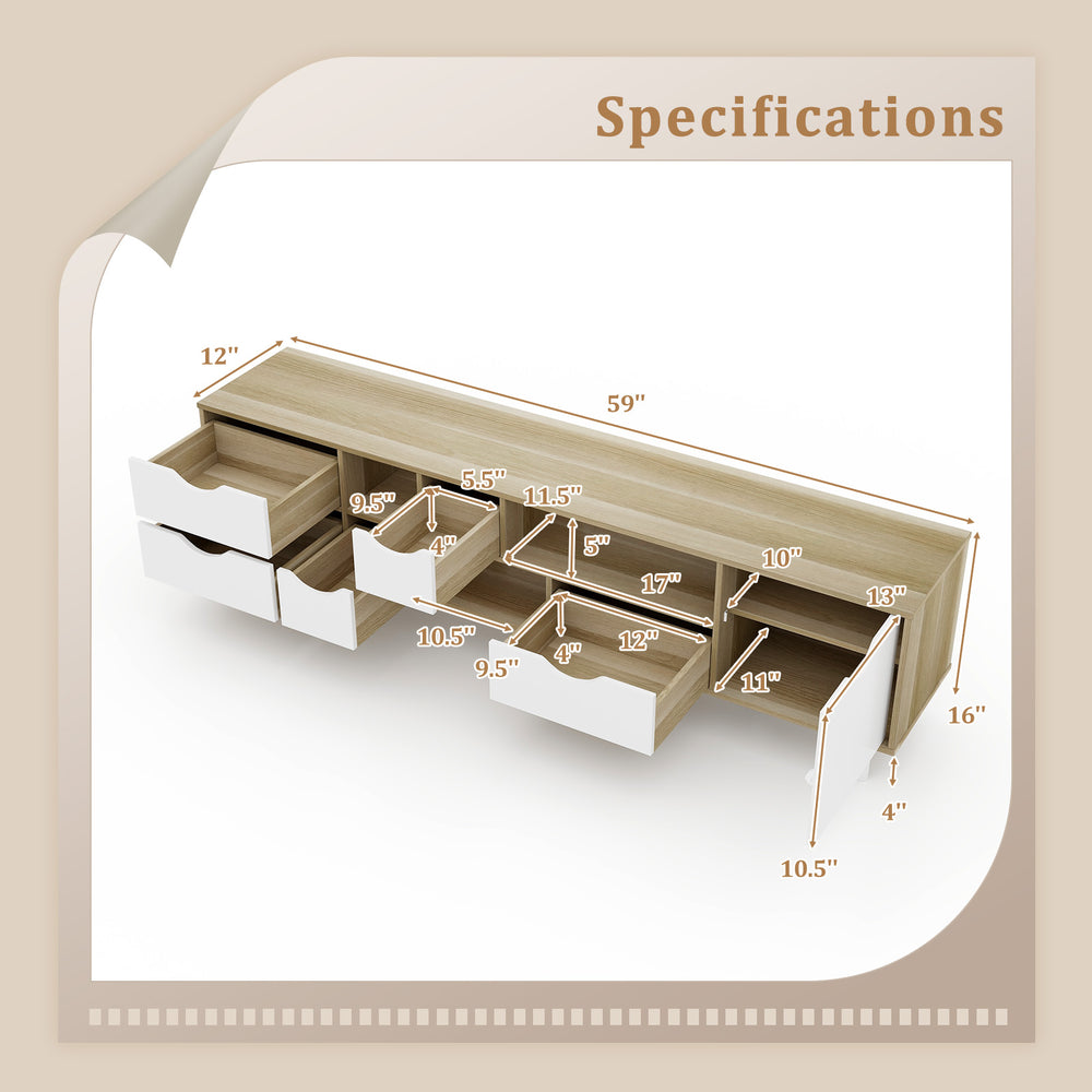 Specifications of the oak TV stand featuring 5 drawers and 3 open shelves, designed for TVs up to 65 inches.