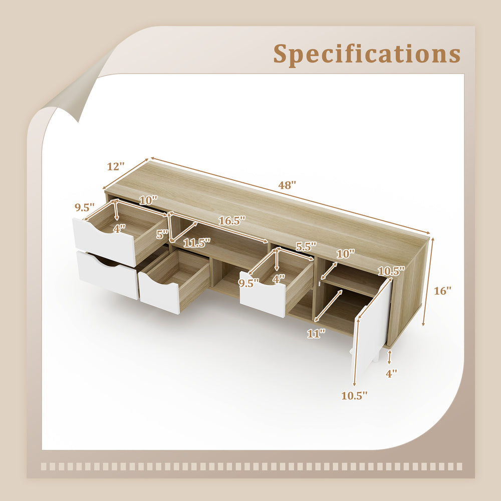 Detailed specifications of the oak TV stand with 4 drawers and 2 open shelves for TVs up to 55 inches.