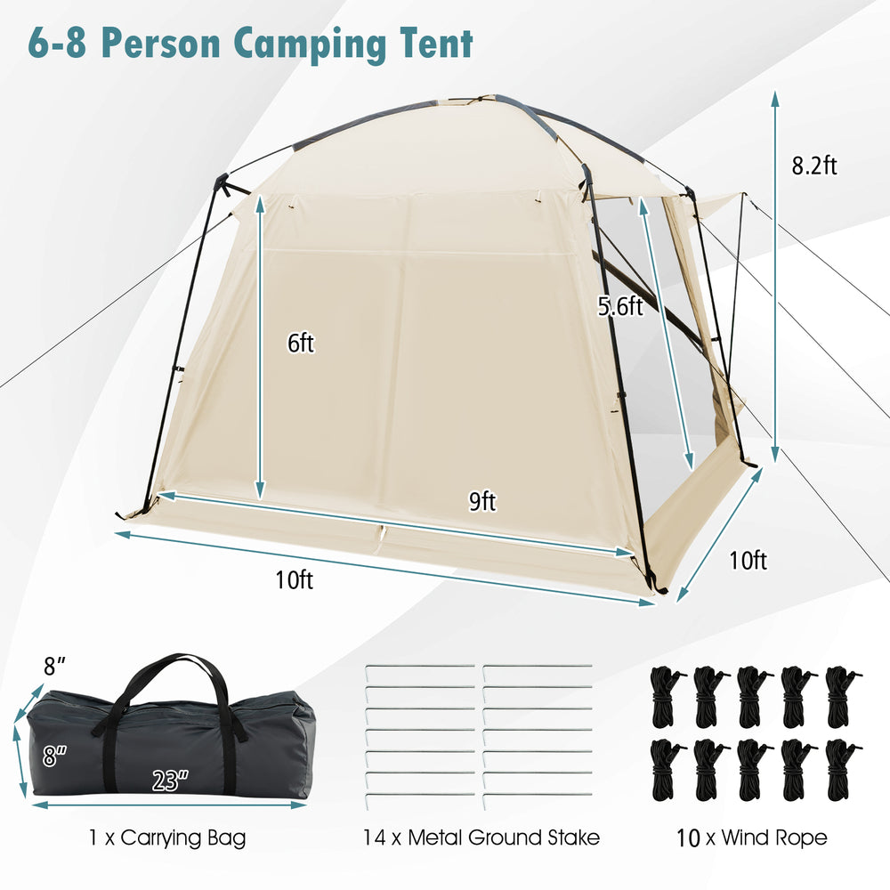 Beige 10 x 10 feet screened canopy tent with zippered door, suitable for 6-8 people, ideal for camping and outdoor.