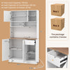 71-inch tall white pantry cabinet with wood-textured countertop, adjustable shelves, and built-in outlets for dining.
