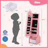 Kids jewelry armoire cabinet in pink with full-length mirror, multiple storage compartments, and two adjustable tilt.