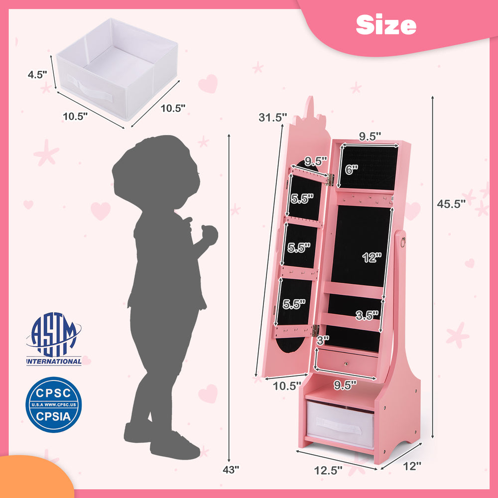 Kids jewelry armoire cabinet in pink with full-length mirror, multiple storage compartments, and two adjustable tilt.