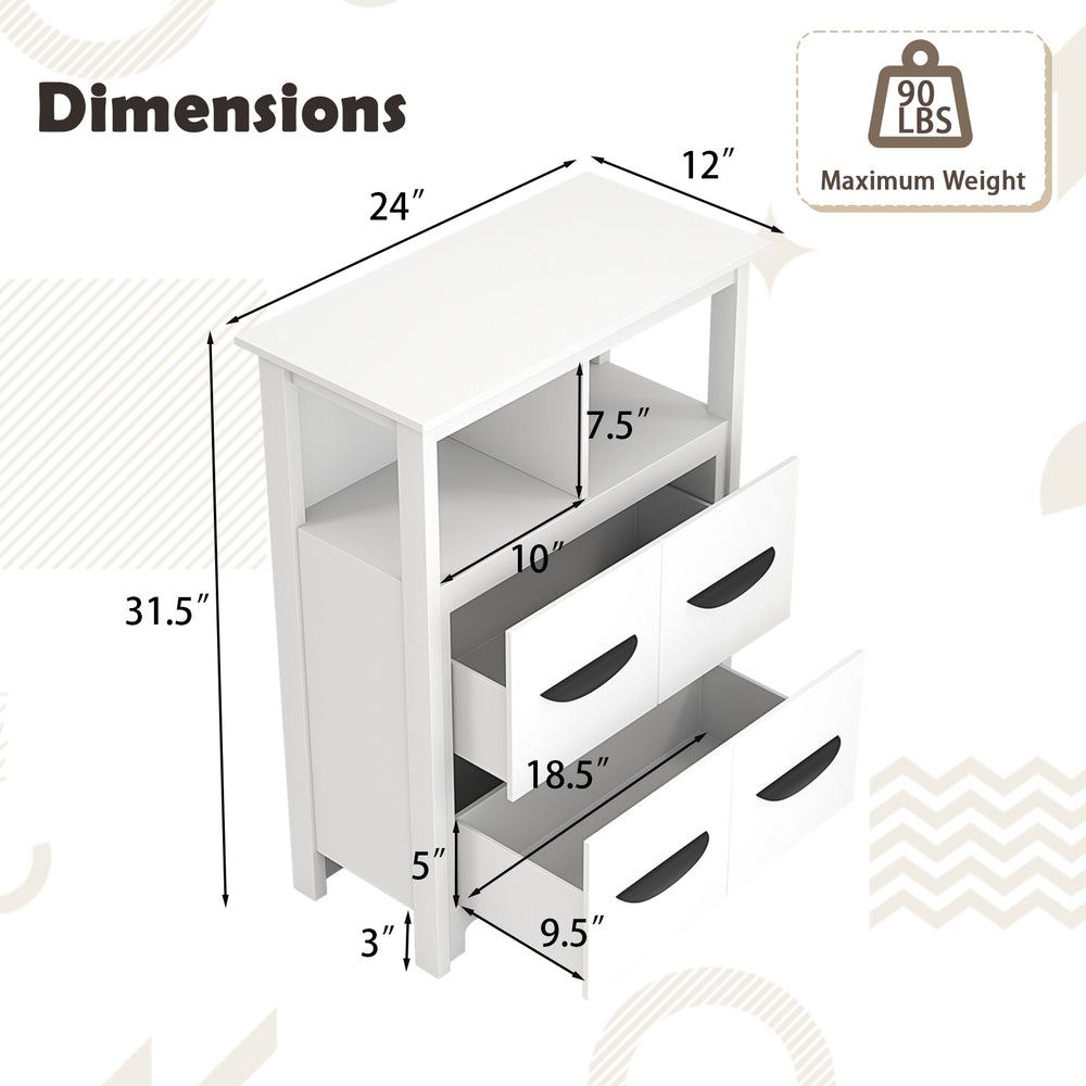 Dimensions of the 24-inch white floor cabinet with 2 drawers and 2 open compartments for versatile storage solutions.