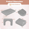 Product dimensions of the 8-piece modular kids play couch in gray, showcasing sizes for flexible configurations and.