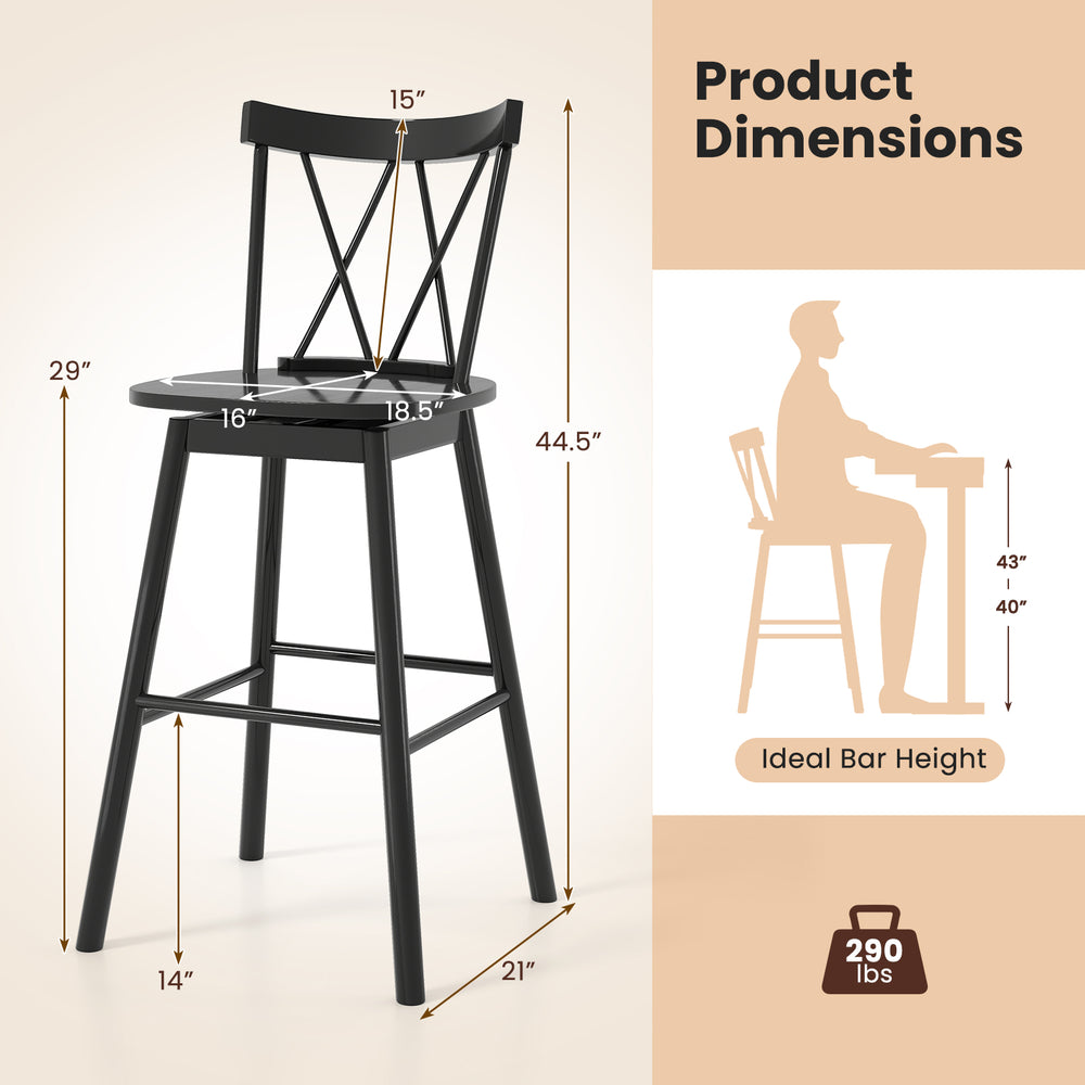 Windsor bar stool with ergonomic backrest, 29-inch height, and footrests, ideal for kitchen and dining use.