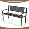 50-inch black garden bench with patterned backrest and curved armrests, featuring dimensions for easy placement in.